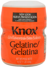 Knox unflavored gelatin 1 lb packaging shown for versatile kitchen use.