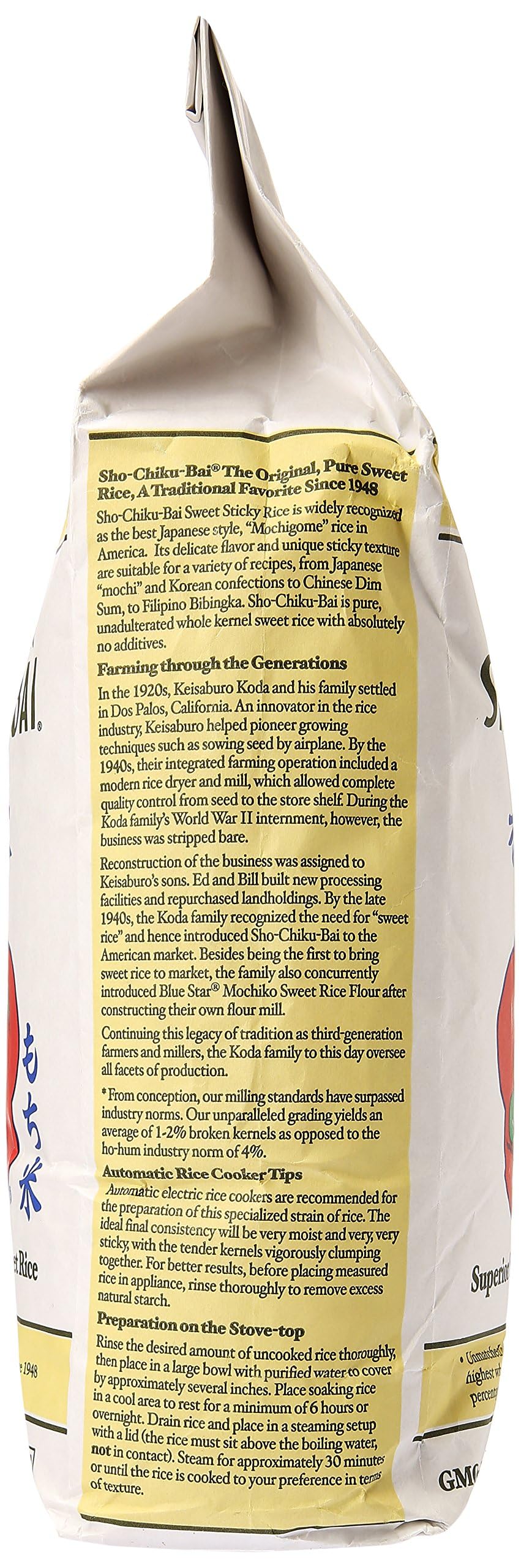 Koda Farms Sho Chiku Bai Sweet Rice bag closeup, durable packaging preserves freshness.