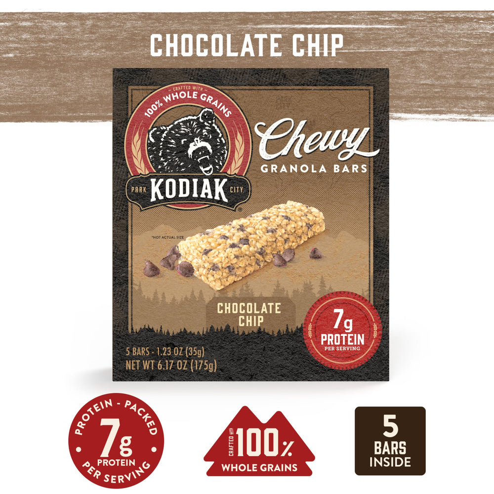 Kodiak Cakes 12-box display features family-friendly snack variety.