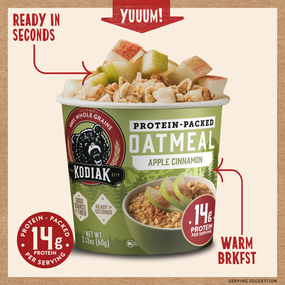 Kodiak Cakes Apple Cinnamon Oatmeal in a Cup close-up, highlighting the apple cinnamon flavor.