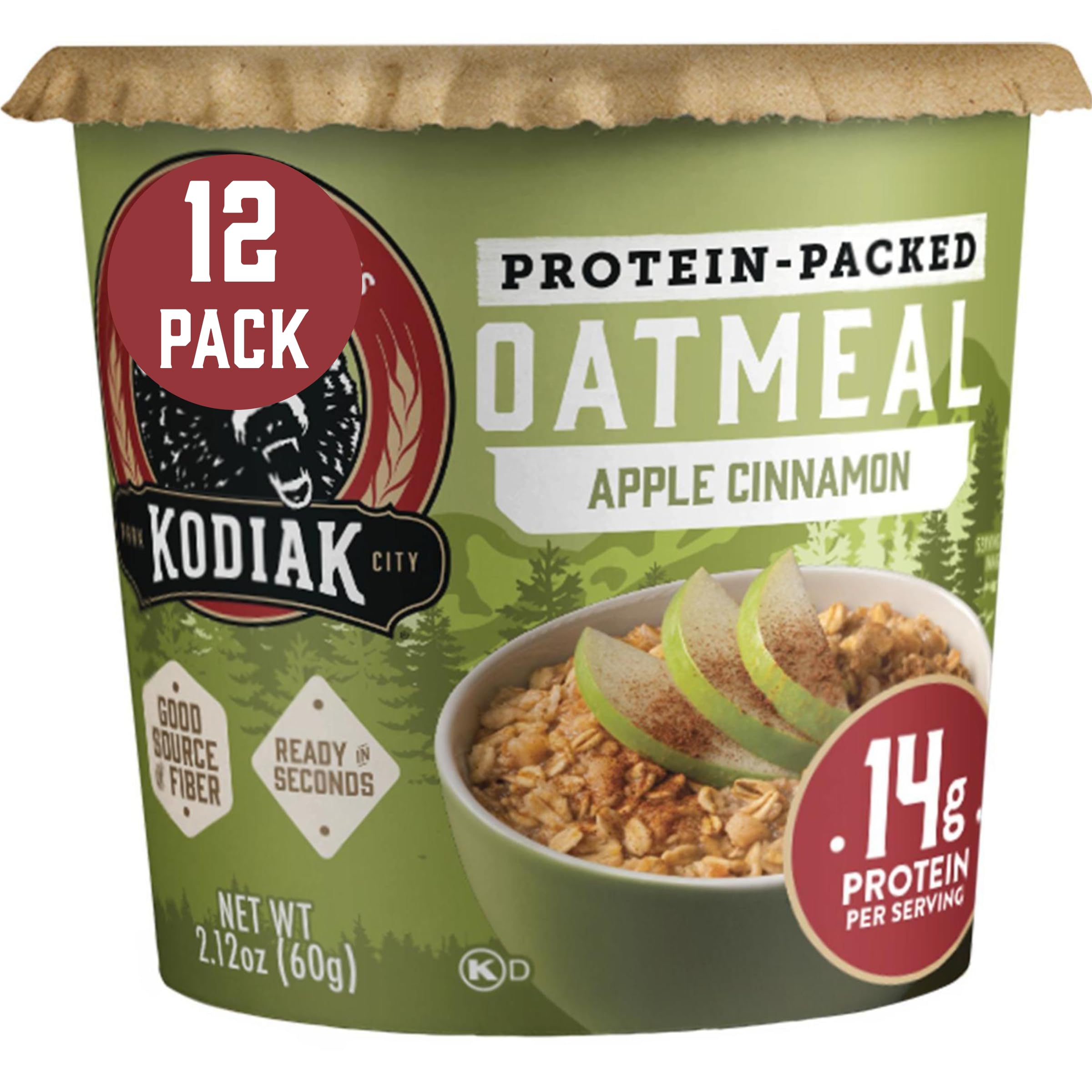 Kodiak Cakes Apple Cinnamon Oatmeal in a Cup front view, convenient portable breakfast option for busy mornings.