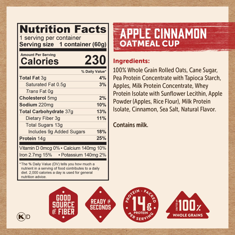 Kodiak Cakes Apple Cinnamon Oatmeal in a Cup ingredients list with 100% whole grains.