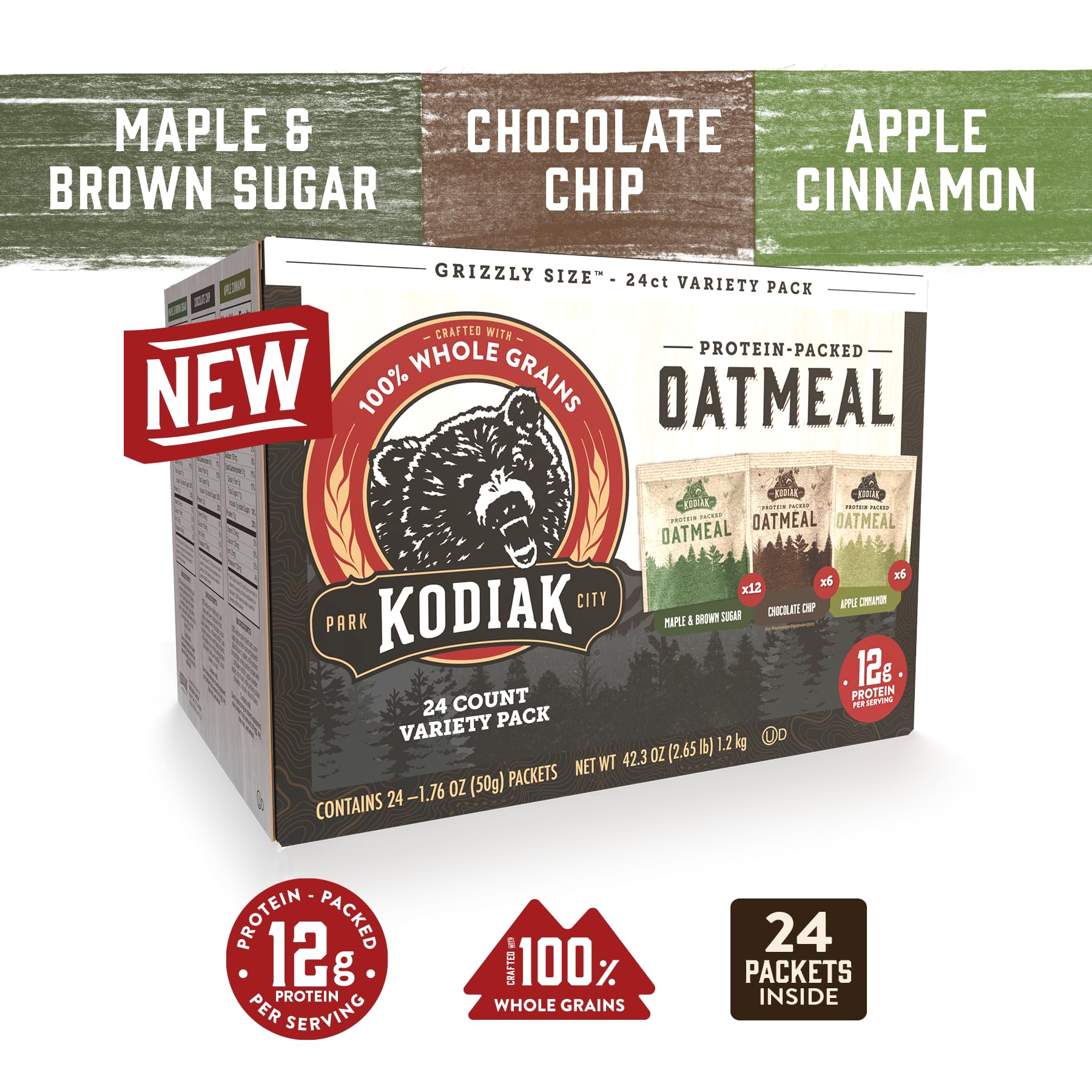 Kodiak Cakes apple cinnamon packet close-up, easy warm breakfast in minutes.