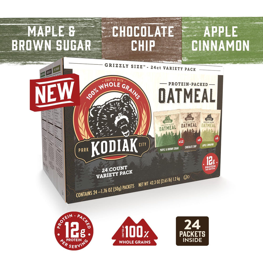 Kodiak Cakes apple cinnamon packet close-up, easy warm breakfast in minutes.