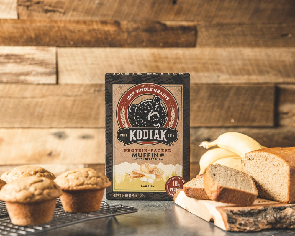 Kitchen counter with Kodiak Cakes mix ready for morning baking