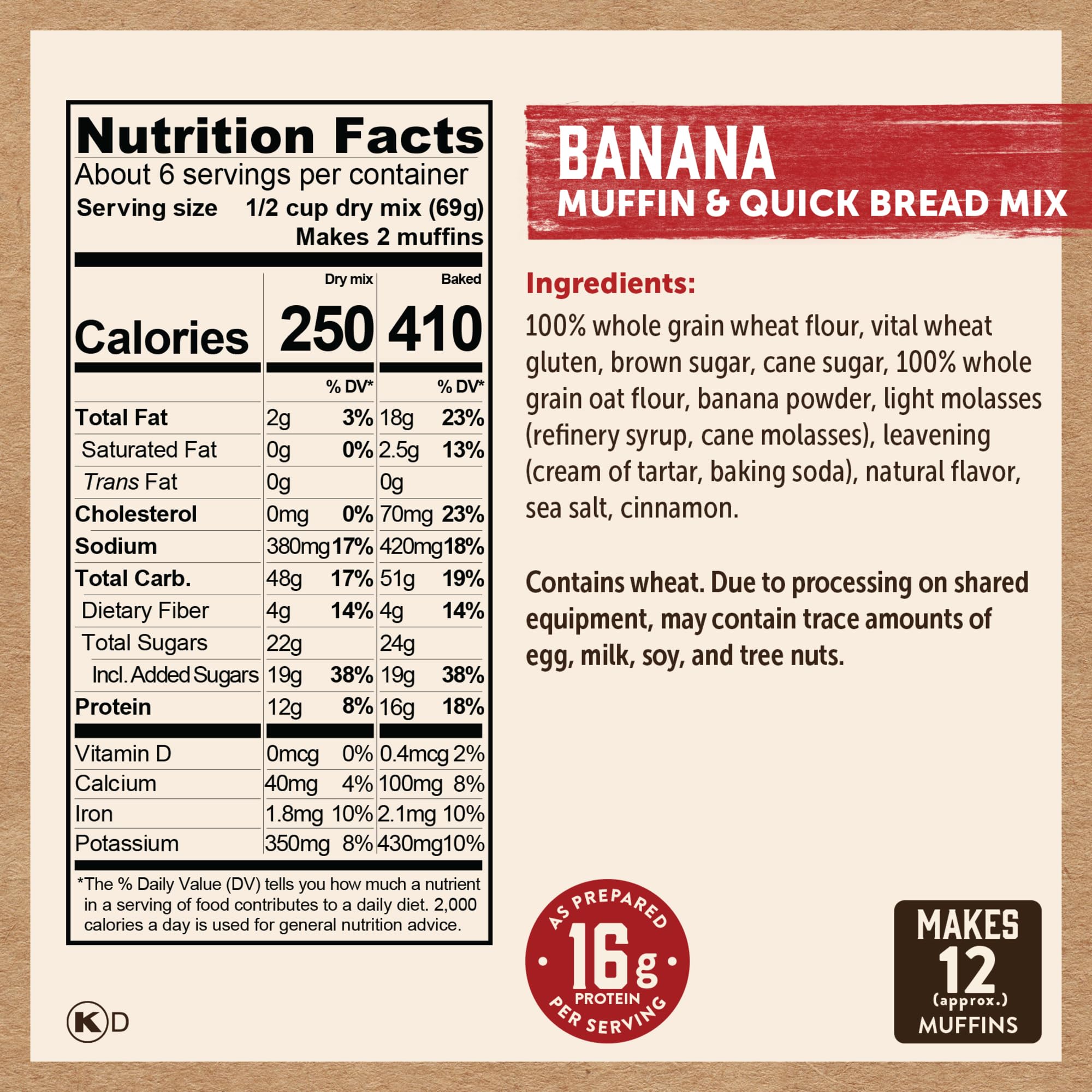 Kodiak Cakes Banana Muffin Mix label highlighting nutrition facts