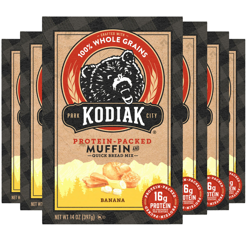 Kodiak Cakes Banana Muffin Mix six-pack front view, quick protein option for busy mornings