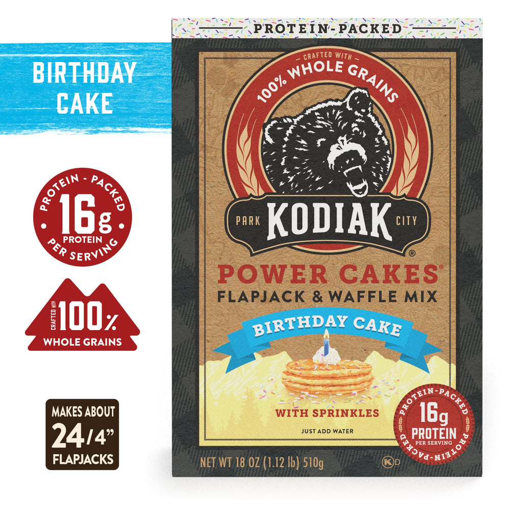 Kodiak Cakes Birthday Cake packaging box, bulk mix for family mornings.
