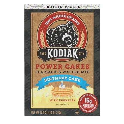 Kodiak Cakes Birthday Cake pancakes on plate, protein-rich start to the day.