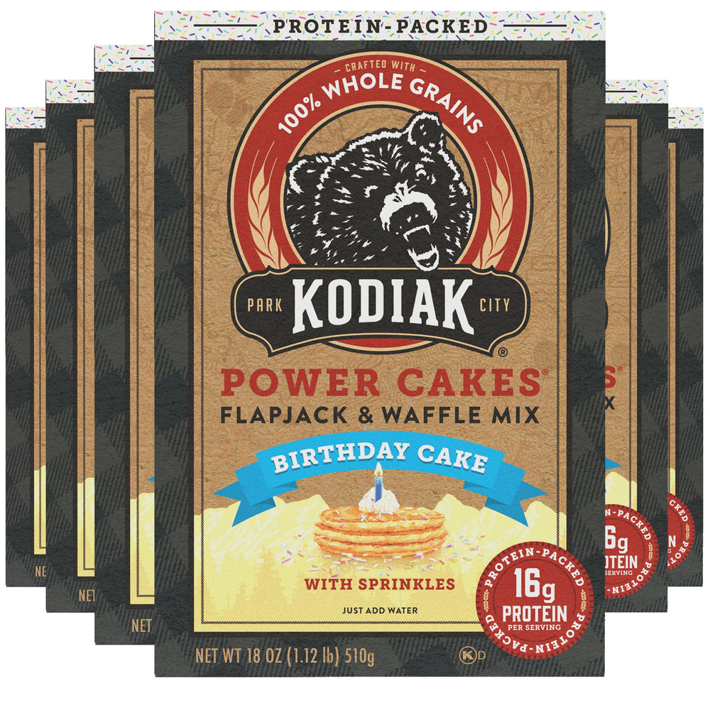 Kodiak Cakes Birthday Cake Power Cakes tub, high-protein breakfast option.