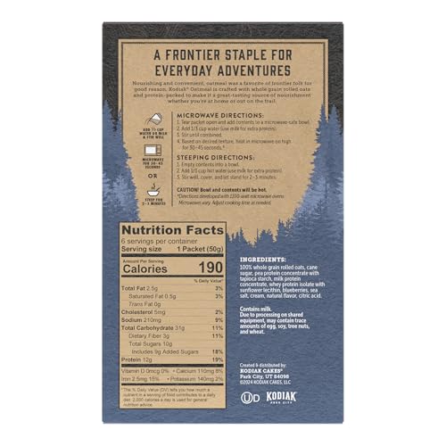 Kodiak Cakes Blueberries and Cream oatmeal packet closeup label emphasizes protein-rich breakfast options.