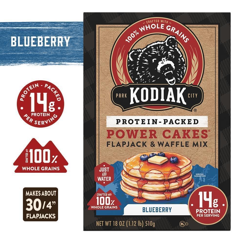 Kodiak Cakes Blueberry Power Cakes ready-to-cook pancakes demonstration.
