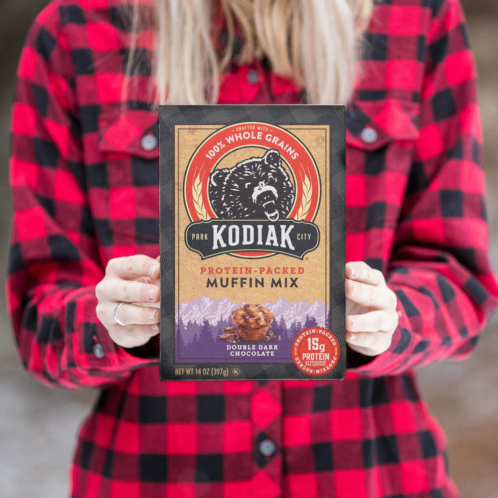 Cardboard box from Kodiak Cakes Power Bake made with recycled paper.