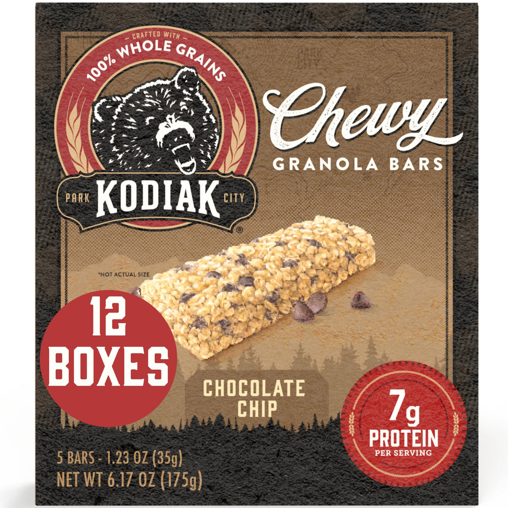 Kodiak Cakes chewy granola bars chocolate chip pack for on-the-go protein.