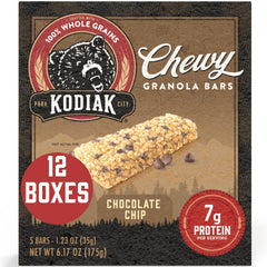 Kodiak Cakes chewy granola bars chocolate chip pack for on-the-go protein.