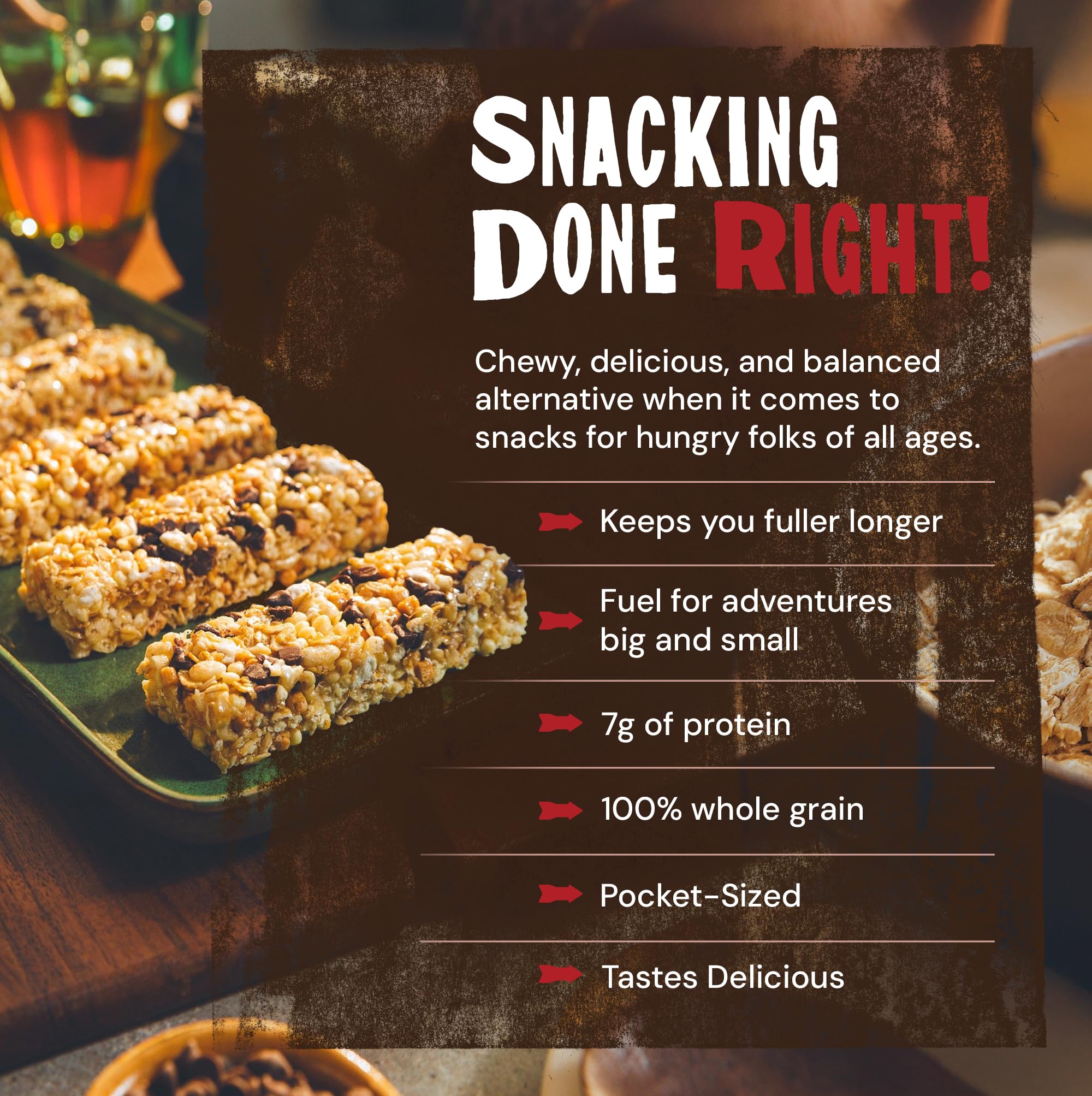 Kodiak Cakes Chewy S'mores bar in an office setup for a balanced work snack.