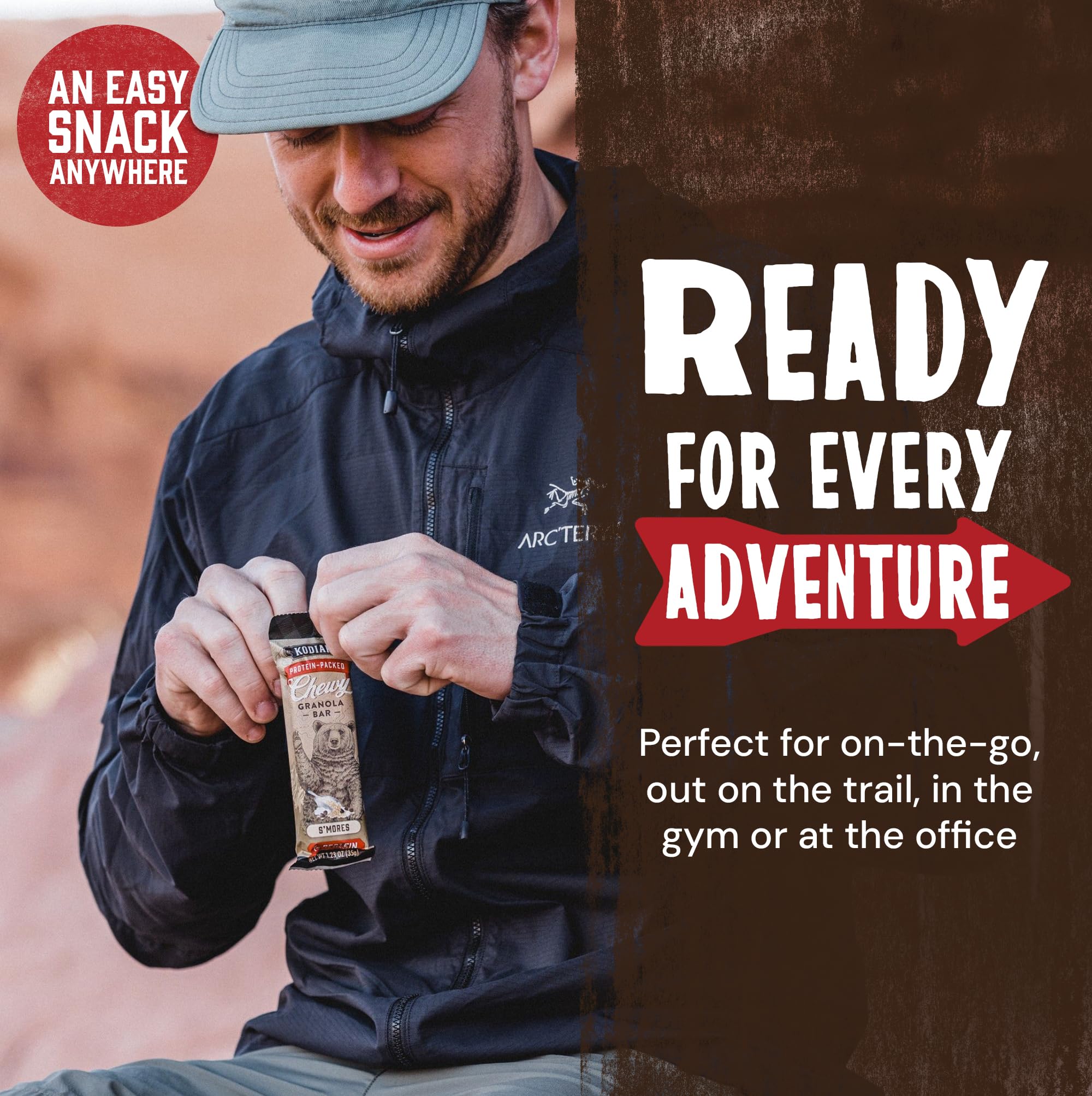 Kodiak Cakes Chewy S'mores bars, trail-ready grab-and-go snack.