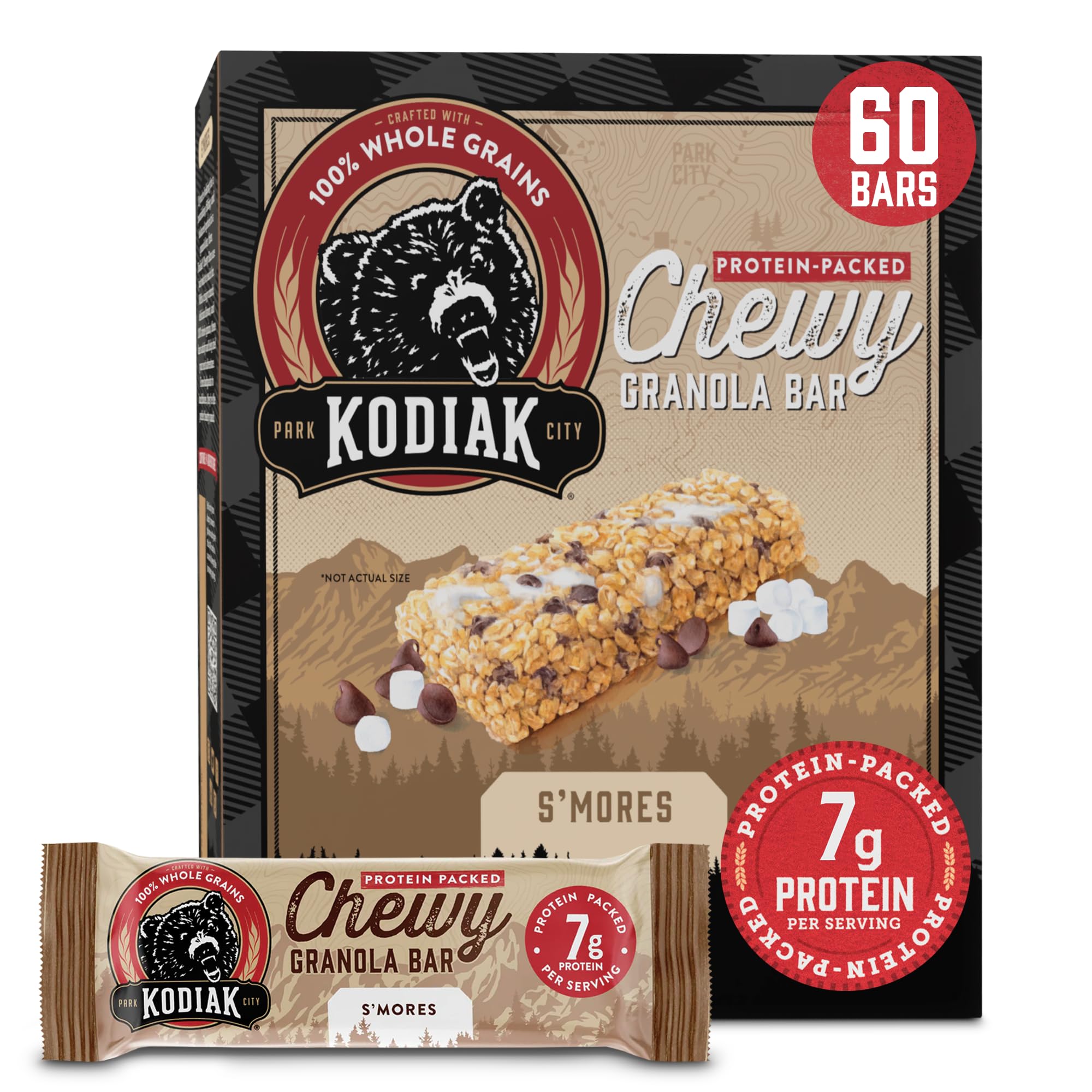 Kodiak Cakes Chewy S'mores bars in a pack, perfect for on-the-go snacking.