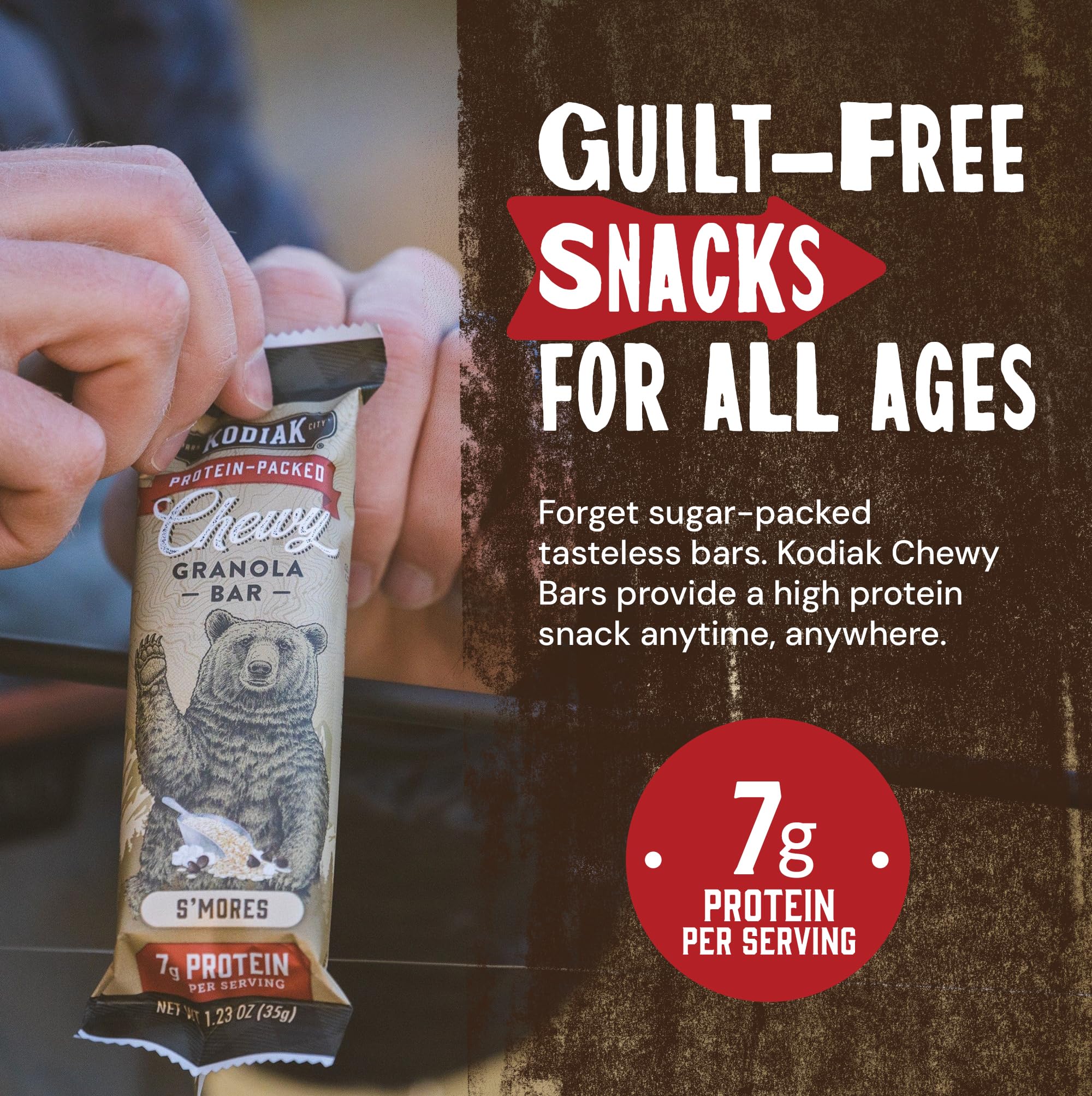 Kodiak Cakes Chewy S'mores granola bars, protein-packed snack option.
