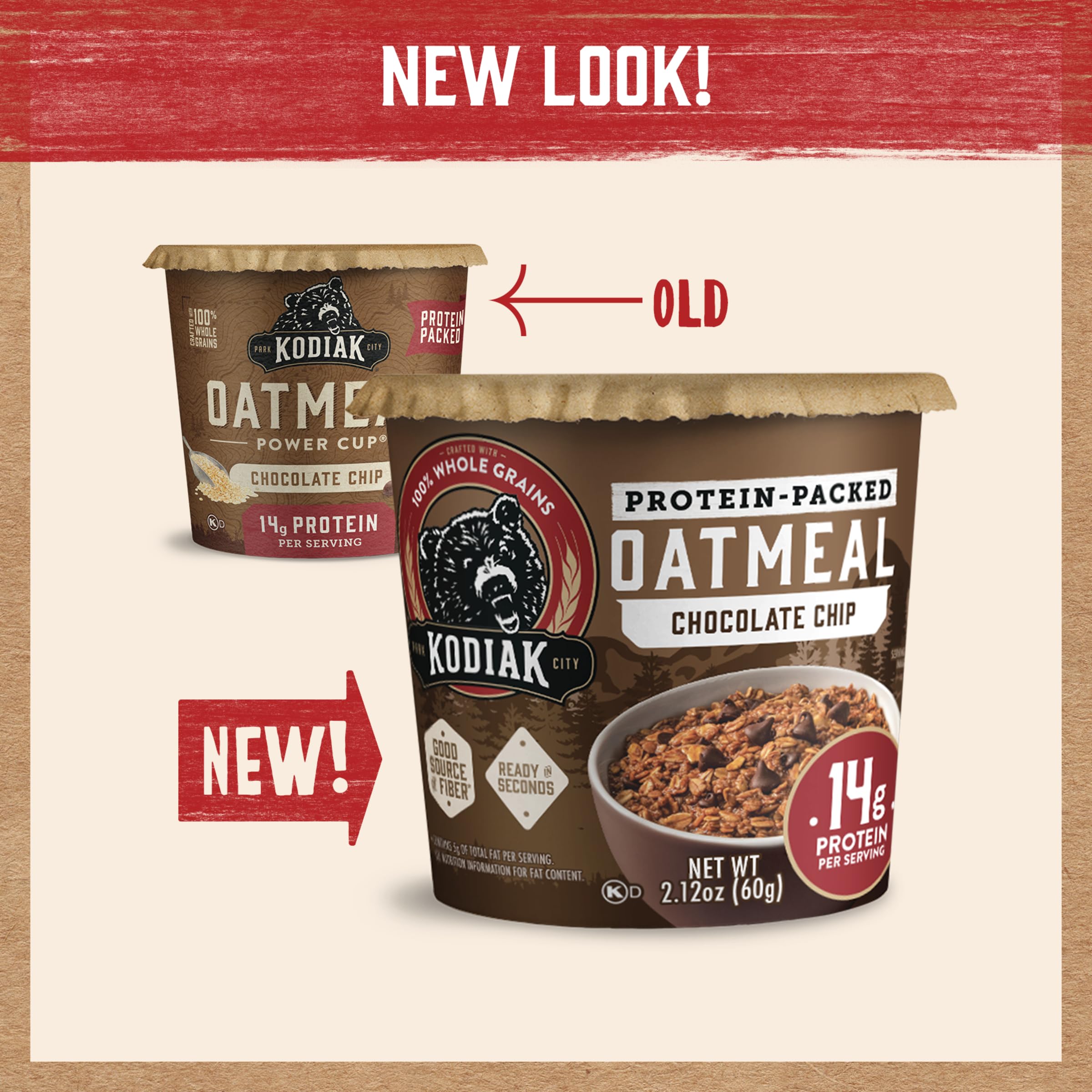 Kodiak Cakes chocolate chip oatmeal close-up shows chips and oats.