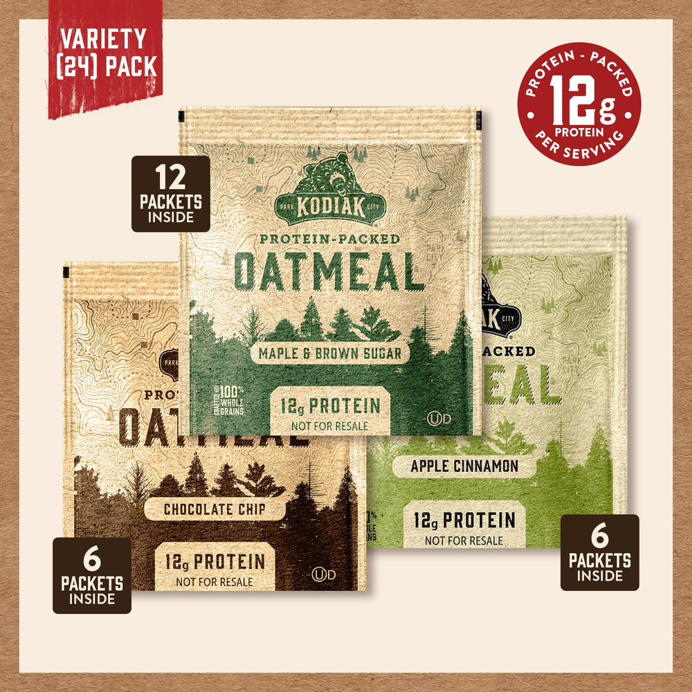 Kodiak Cakes chocolate chip packet close-up, tasty protein-forward option.