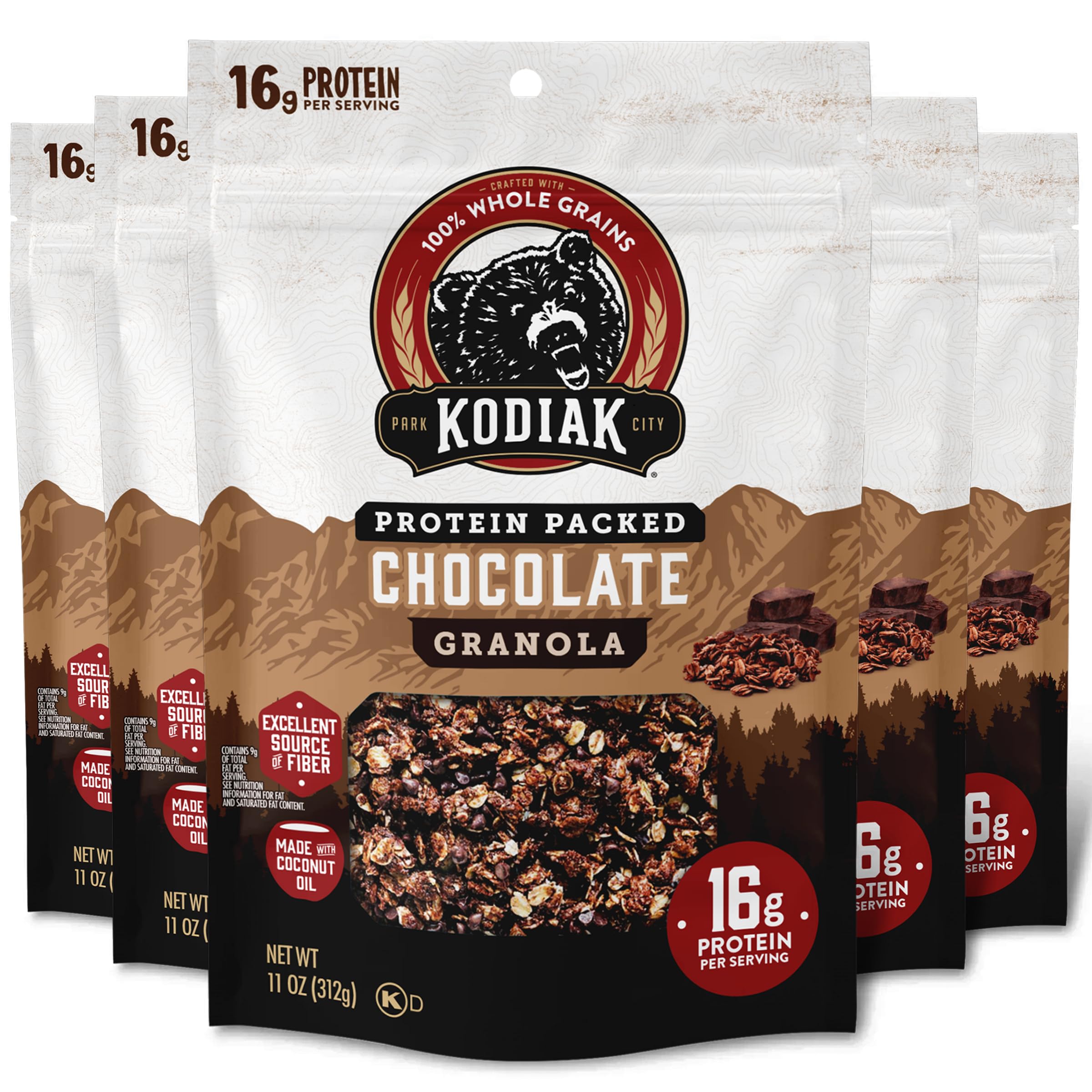 Kodiak Cakes Chocolate Granola pack of five resealable pouches for easy, fresh snacking