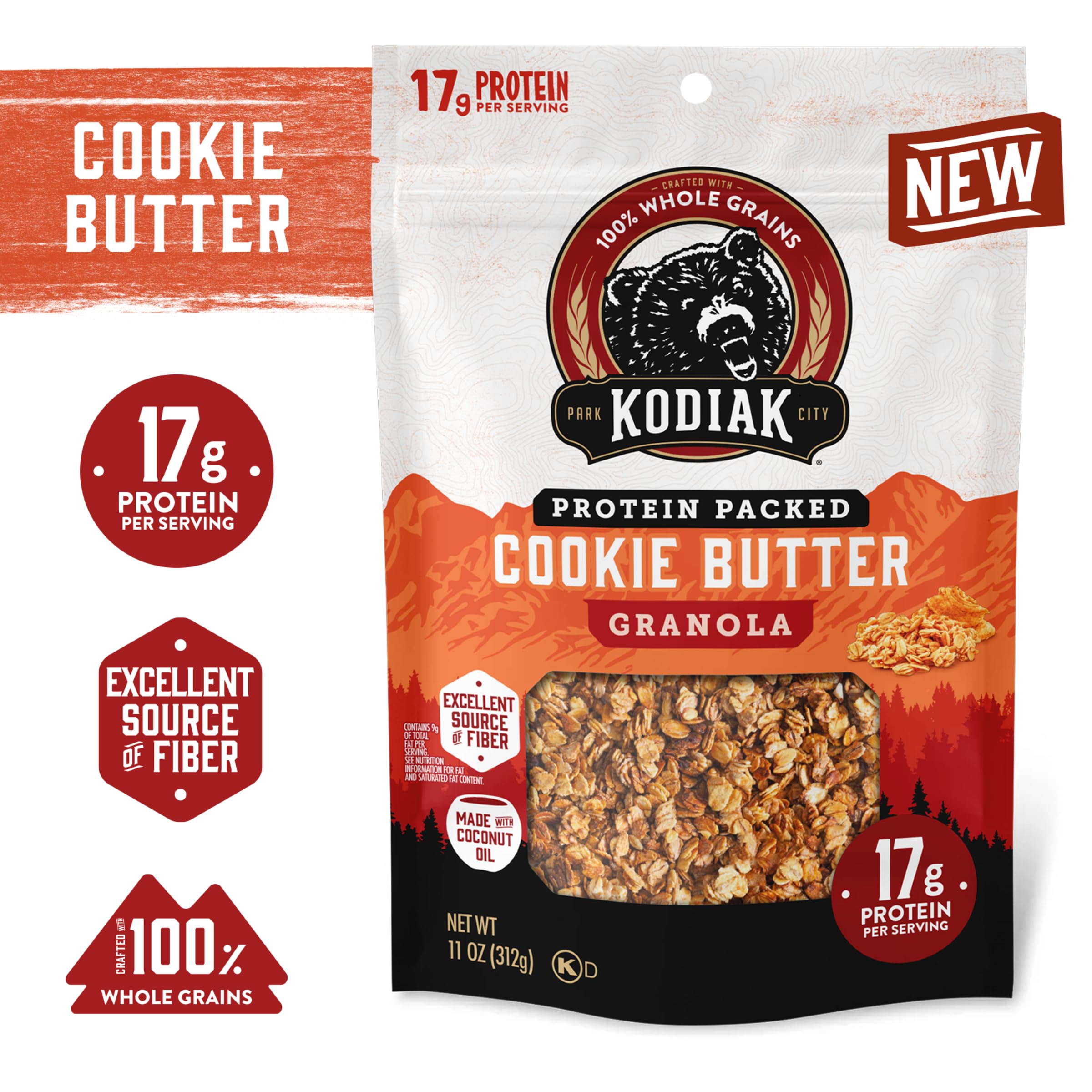 Pouring Kodiak Cakes Cookie Butter Granola into a bowl