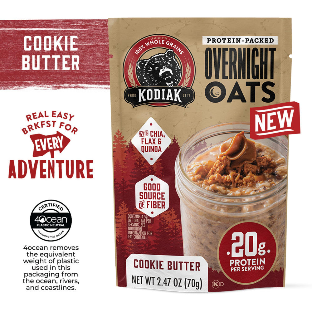 Kodiak Cakes overnight oats packaging shows 20g protein and less sugar.