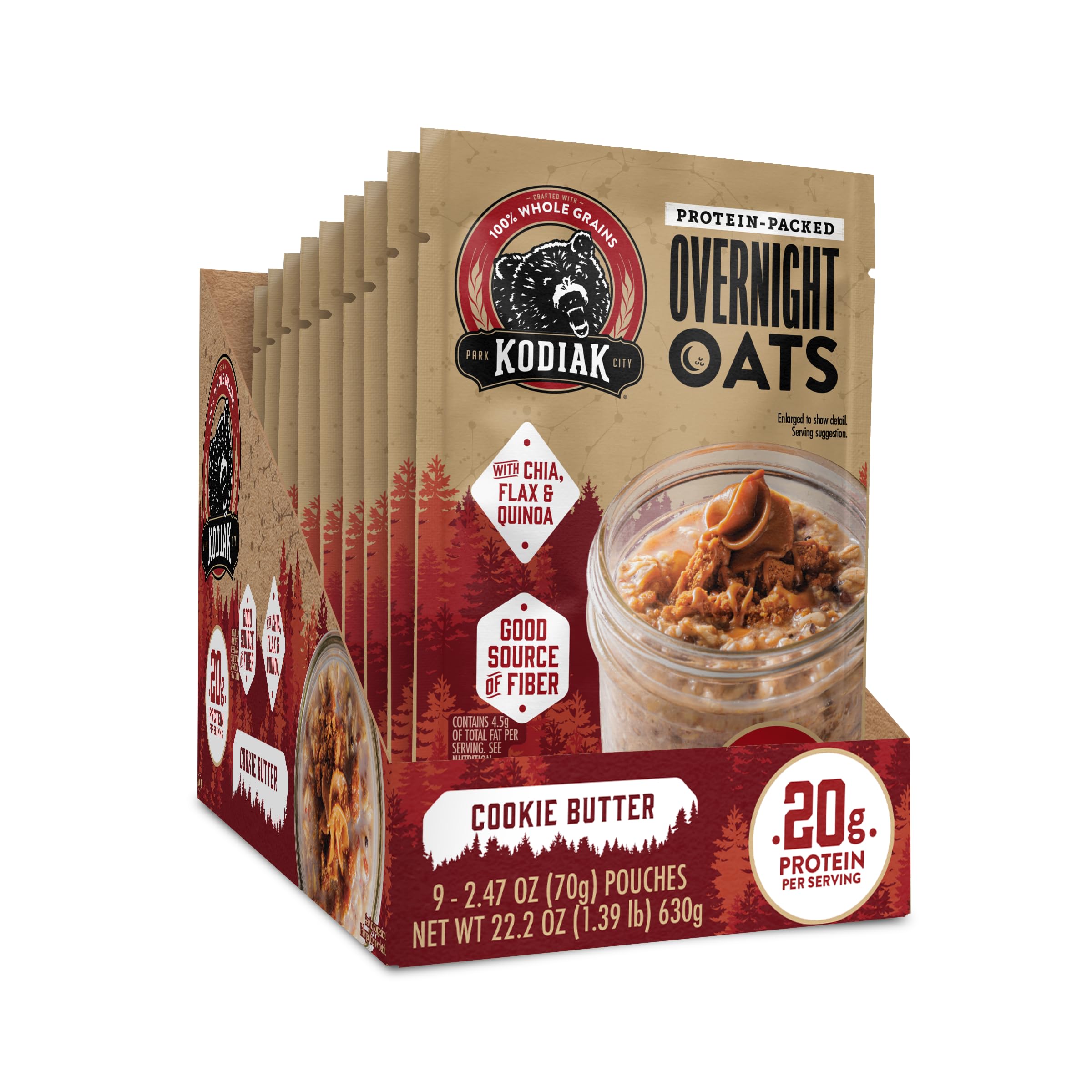 Kodiak Cakes Cookie Butter Overnight Oats packaging shows 9 convenient pouches for busy mornings.
