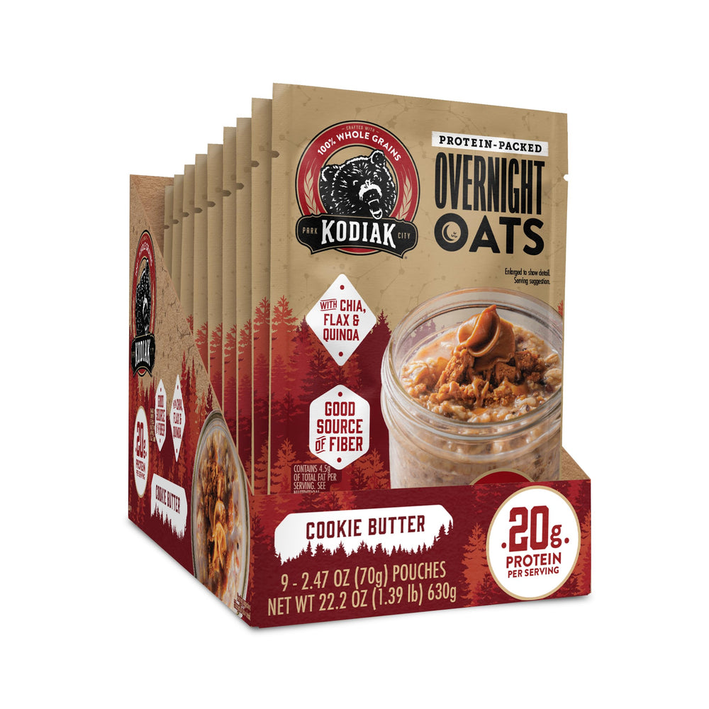Kodiak Cakes Cookie Butter Overnight Oats packaging shows 9 convenient pouches for busy mornings.