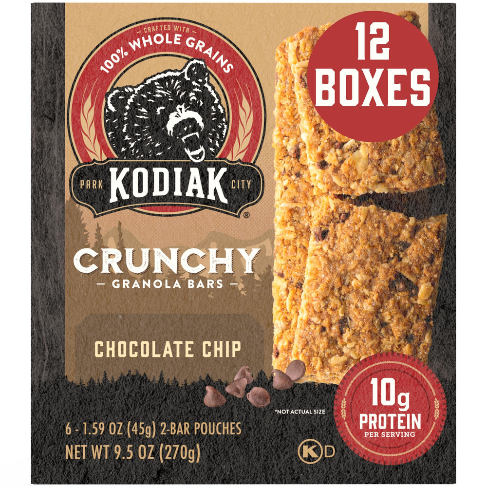 Kodiak Cakes Crunchy Granola Bar chocolate chip closeup showing crispy texture for on-the-go snacking