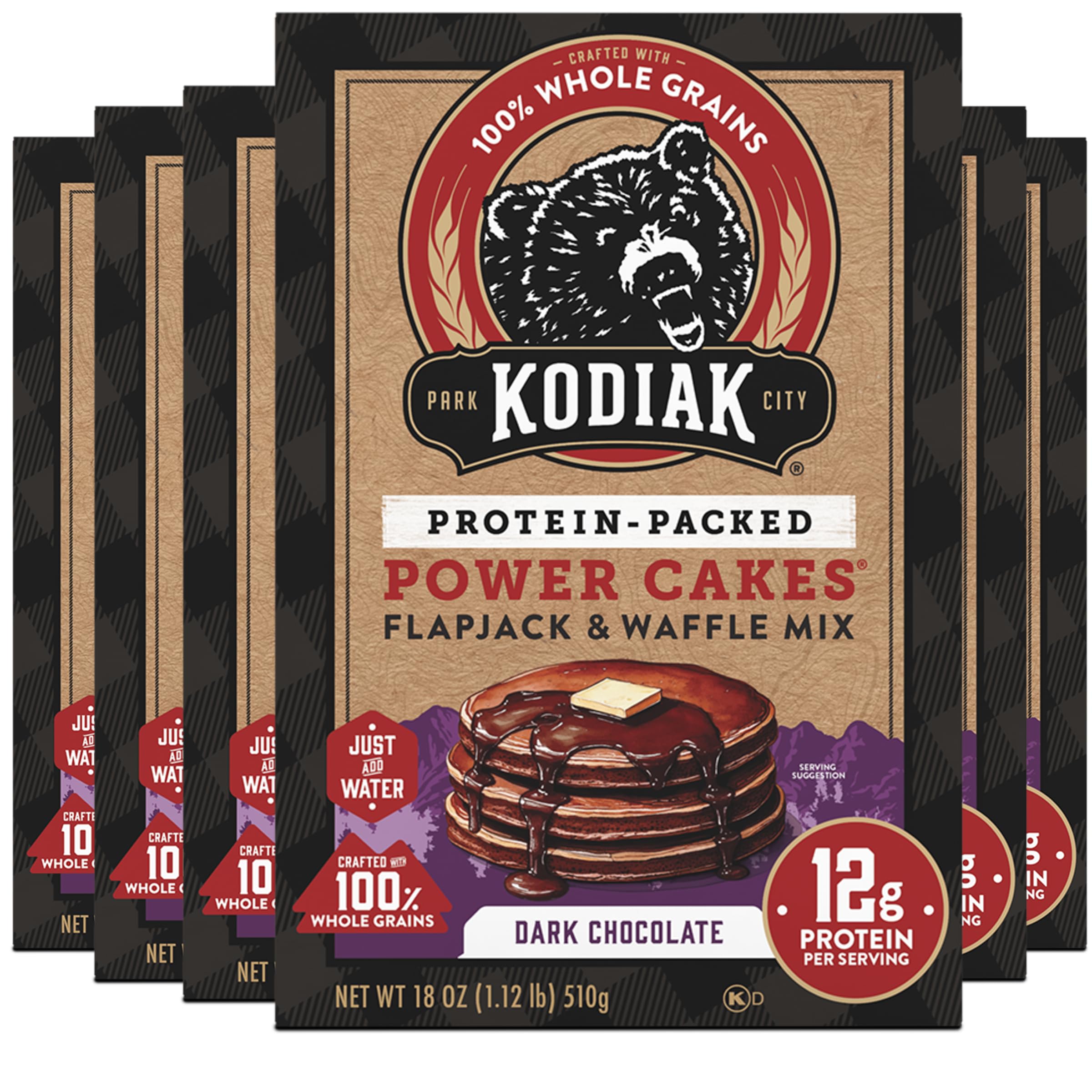 Kodiak Cakes Power Cakes Dark Chocolate box front, six-pack, high-protein breakfast option.