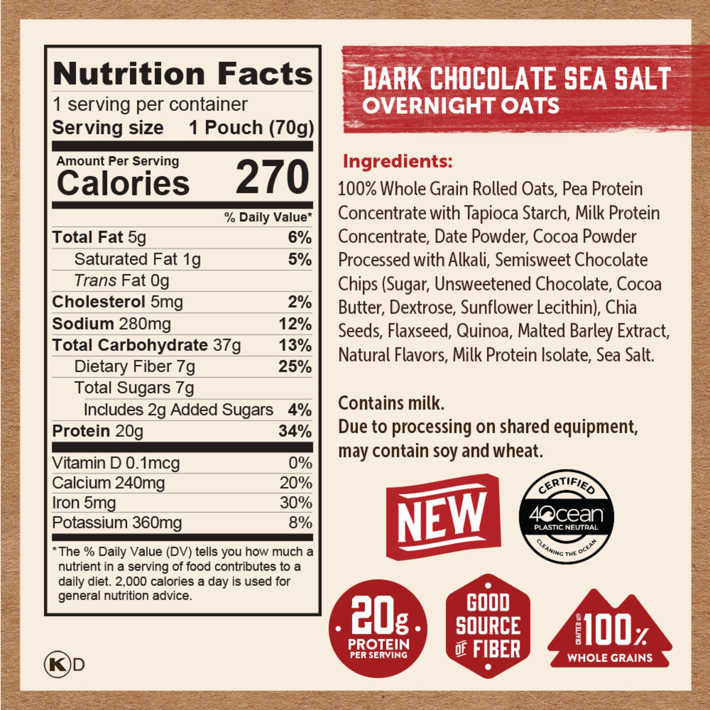 Kodiak Cakes overnight oats pouch shows 20g protein per serving.