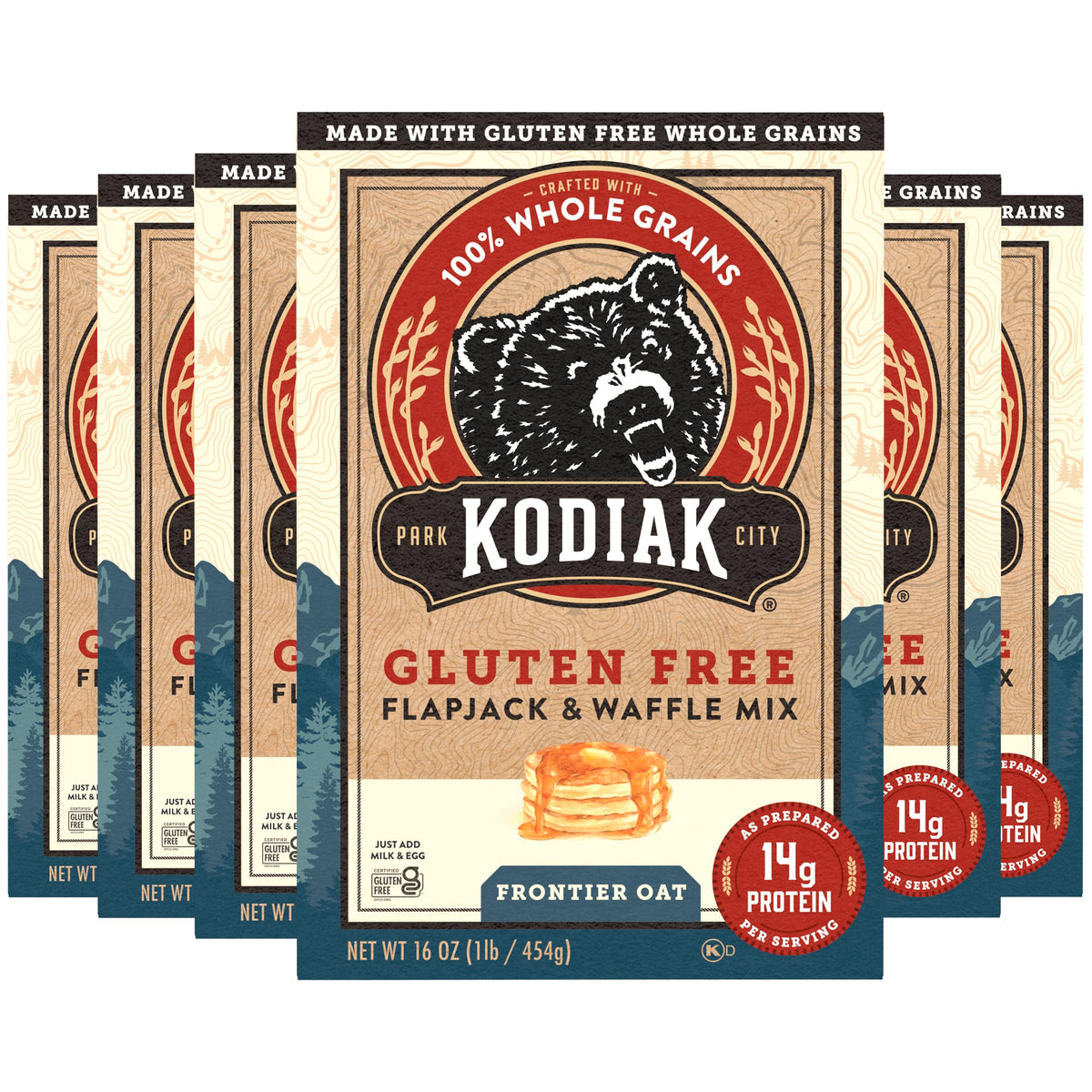 Kodiak Cakes Frontier oat gluten-free mix pack six on shelf, high-protein breakfast option.
