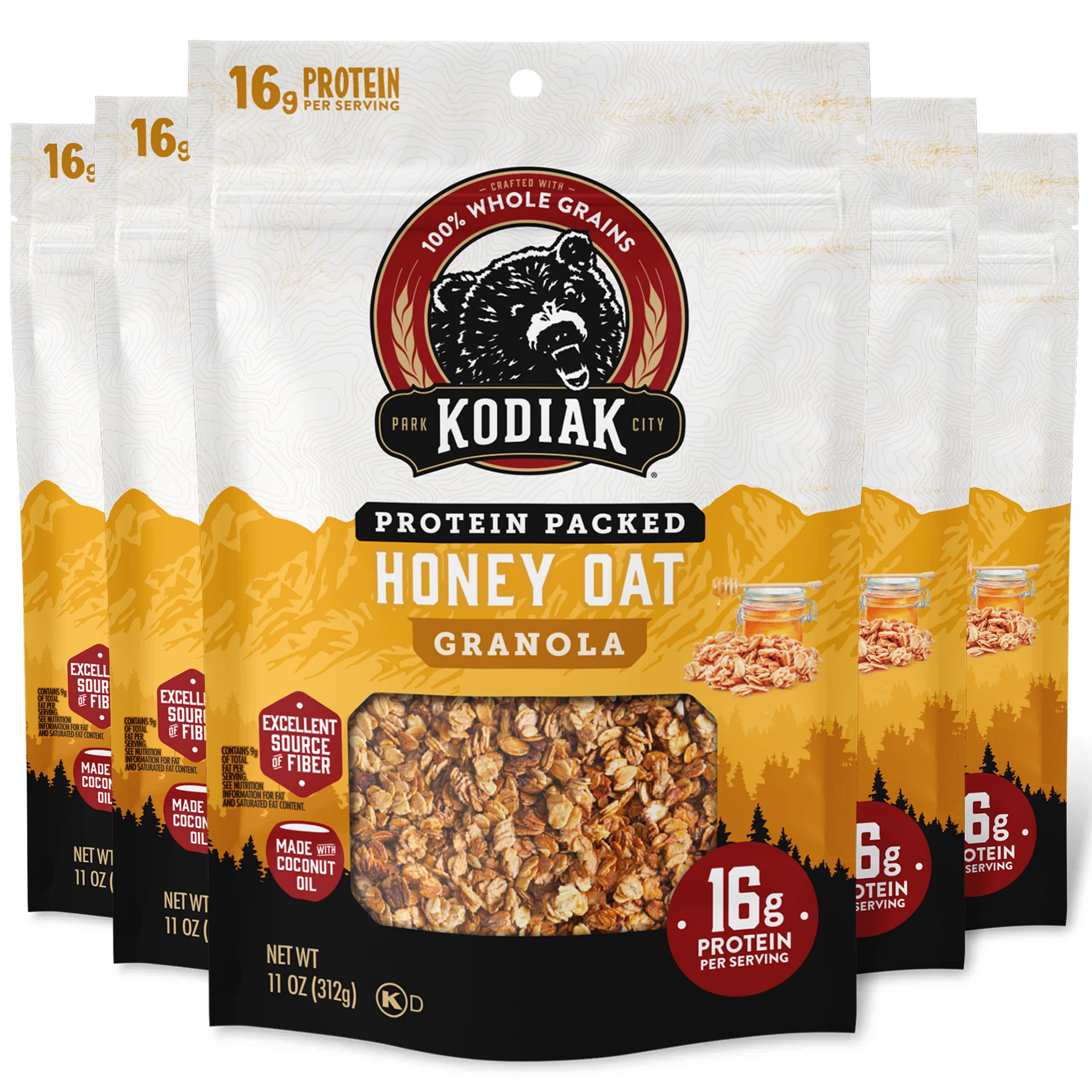 Kodiak Cakes Honey Oat Granola packaging with resealable pouches for freshness.