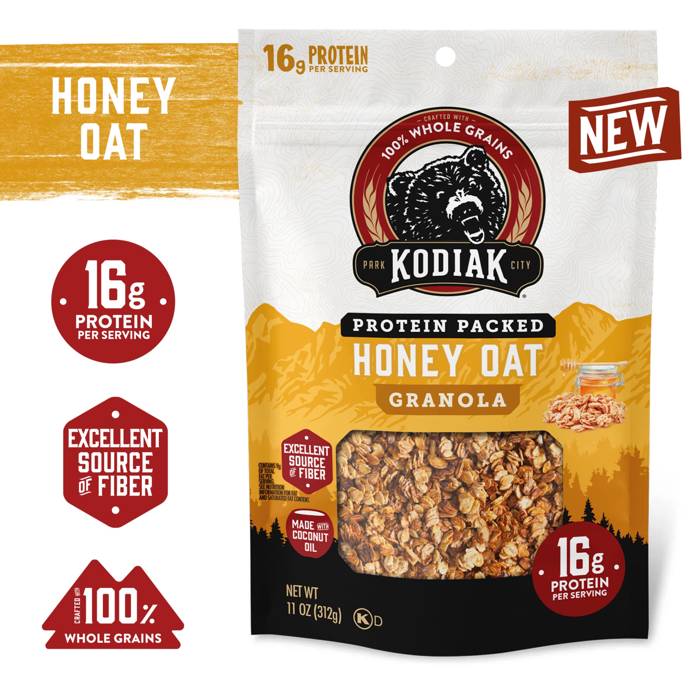 Kodiak Cakes Honey Oat Granola being poured shows quick, on-the-go crunch.