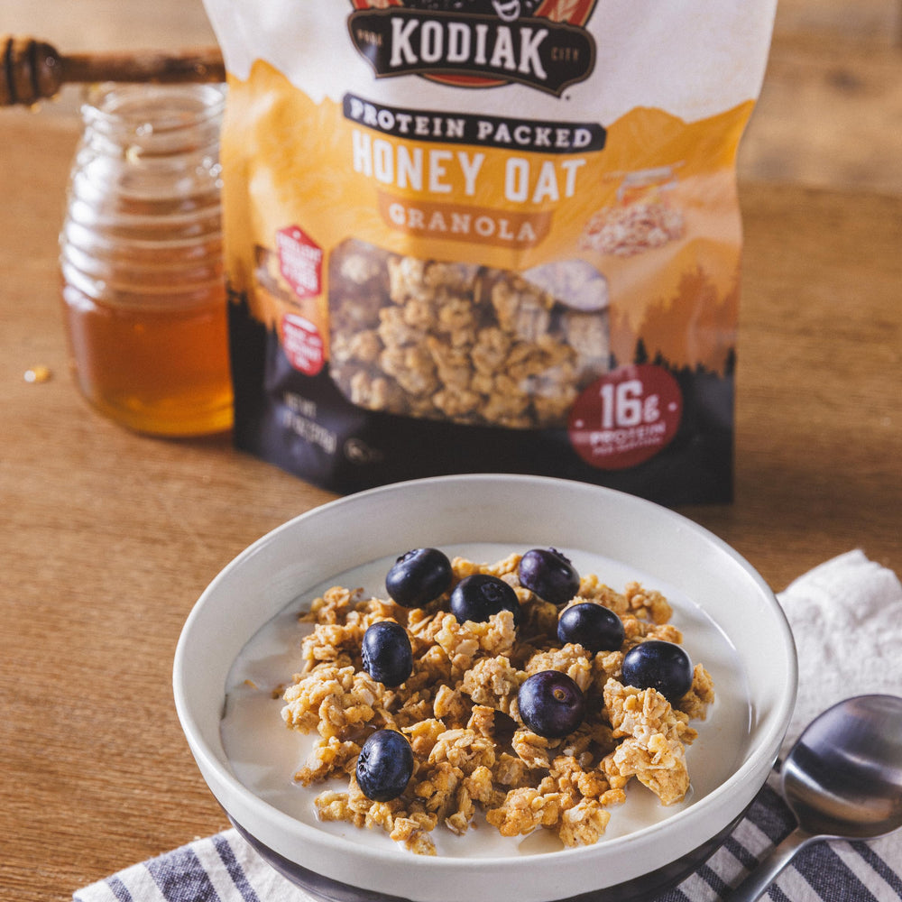 Kodiak Cakes Honey Oat Granola snack on the go for busy mornings.
