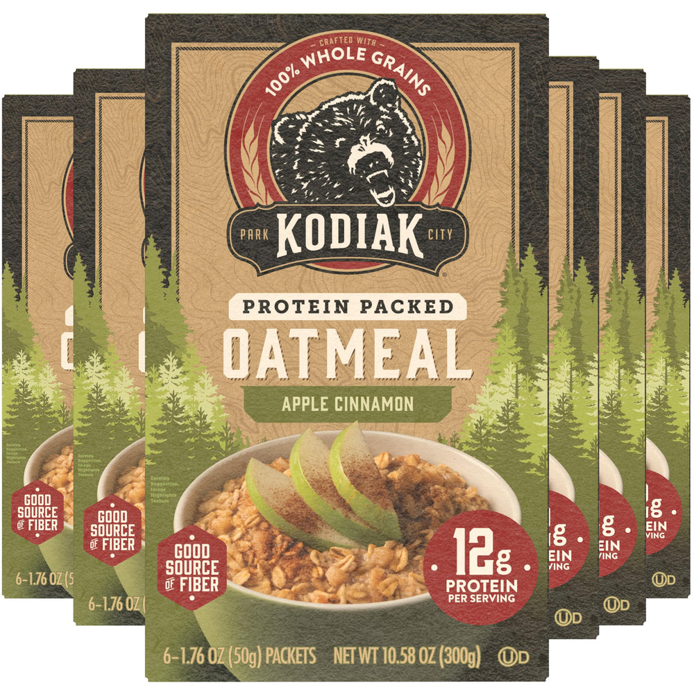 Kodiak Cakes Apple Cinnamon oatmeal boxes on display for quick, wholesome breakfasts.