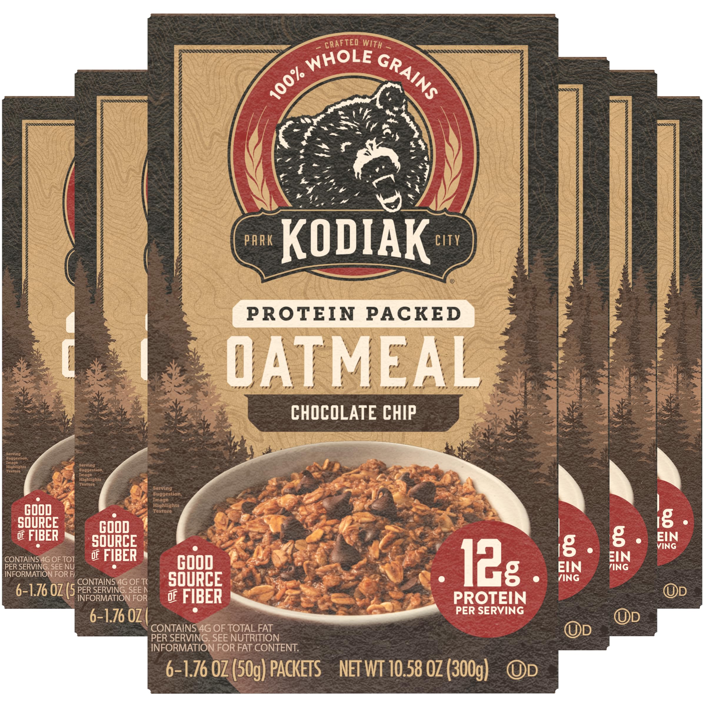 Kodiak Cakes instant oatmeal chocolate chip box front shows a convenient high protein breakfast option for busy mornings.