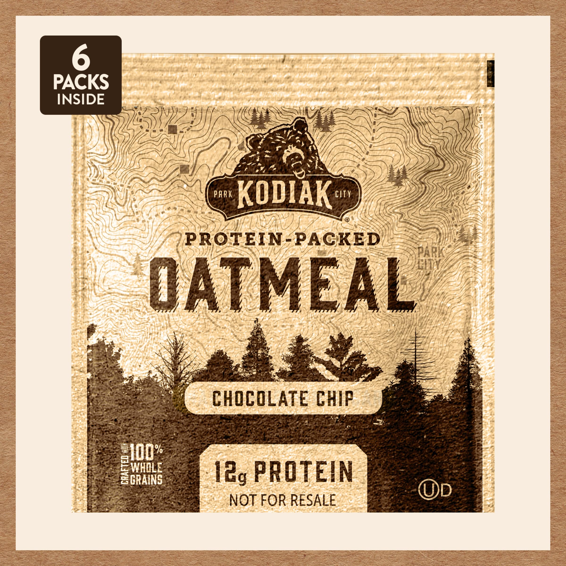Kodiak Cakes instant oatmeal chocolate chip bulk-pack display highlights convenient 36-pack option.