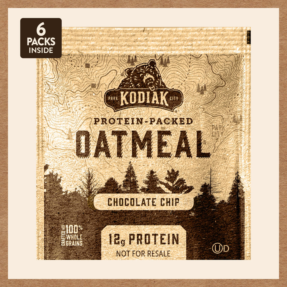 Kodiak Cakes instant oatmeal chocolate chip bulk-pack display highlights convenient 36-pack option.