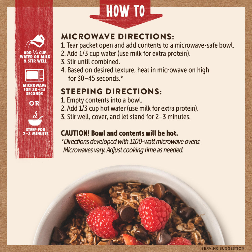 Kodiak Cakes instant oatmeal chocolate chip kitchen counter setup ready for quick breakfast.