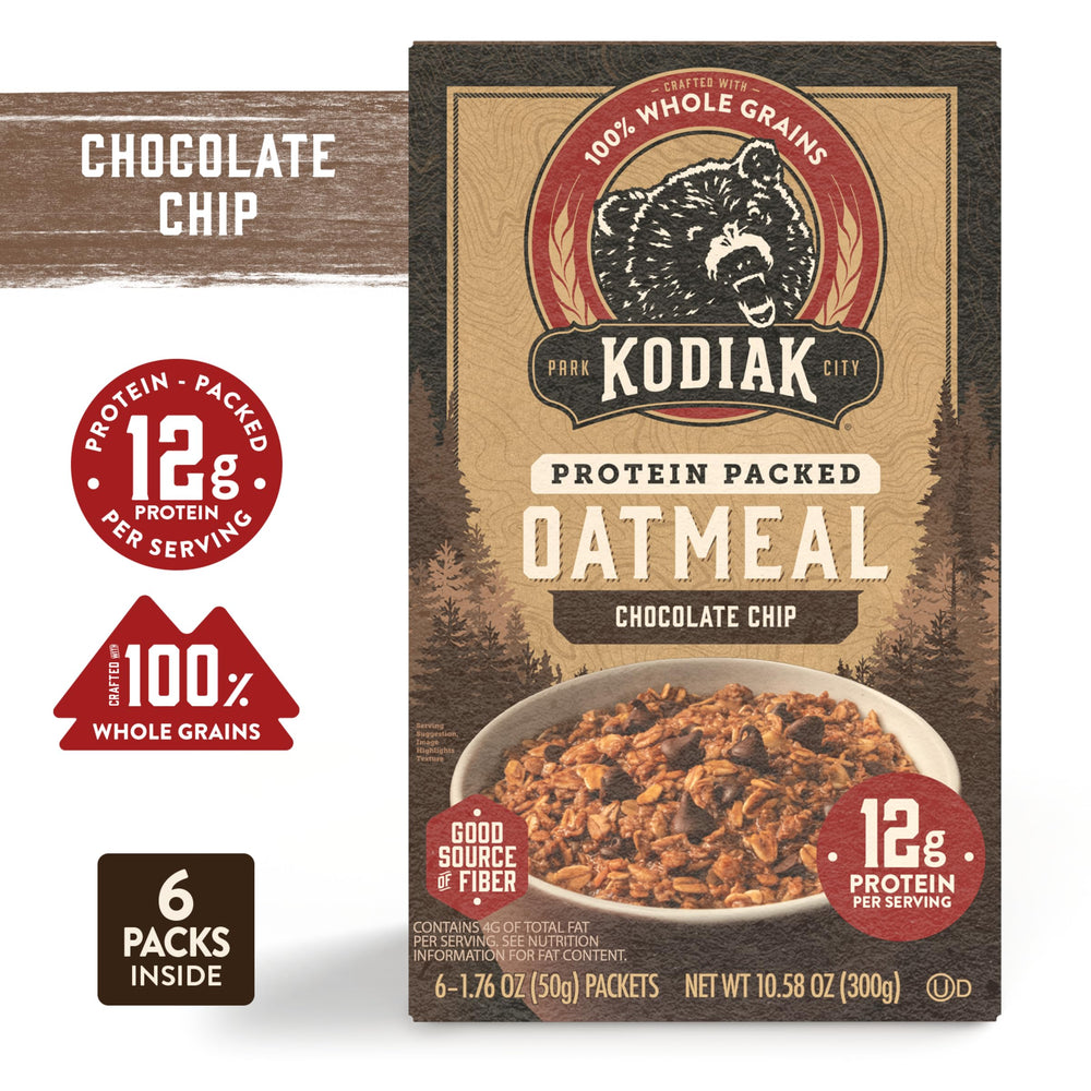 Kodiak Cakes instant oatmeal chocolate chip nutrition label emphasizes B vitamins and fiber.