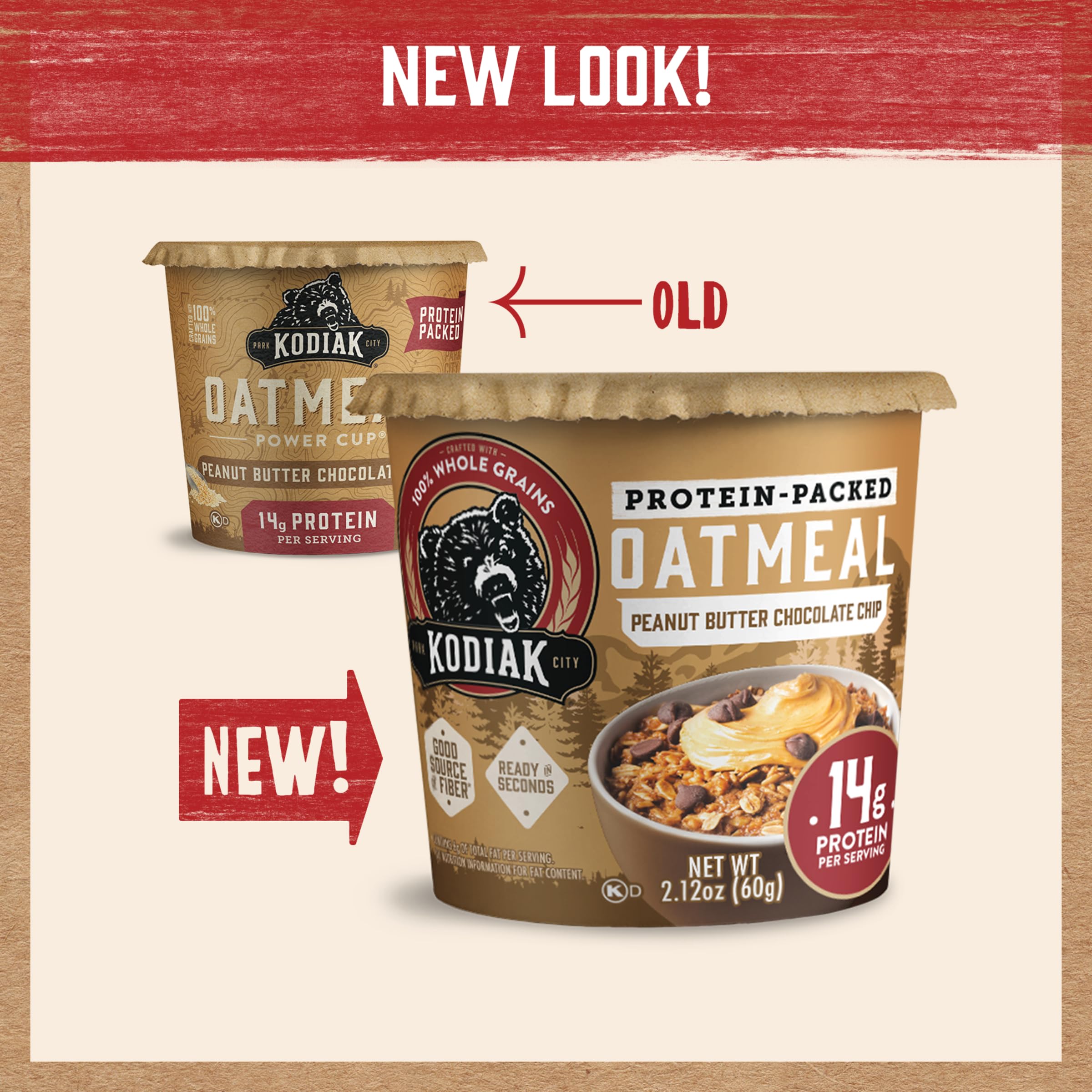 Kodiak Cakes nutrition panel highlights 14g protein and whole grains.