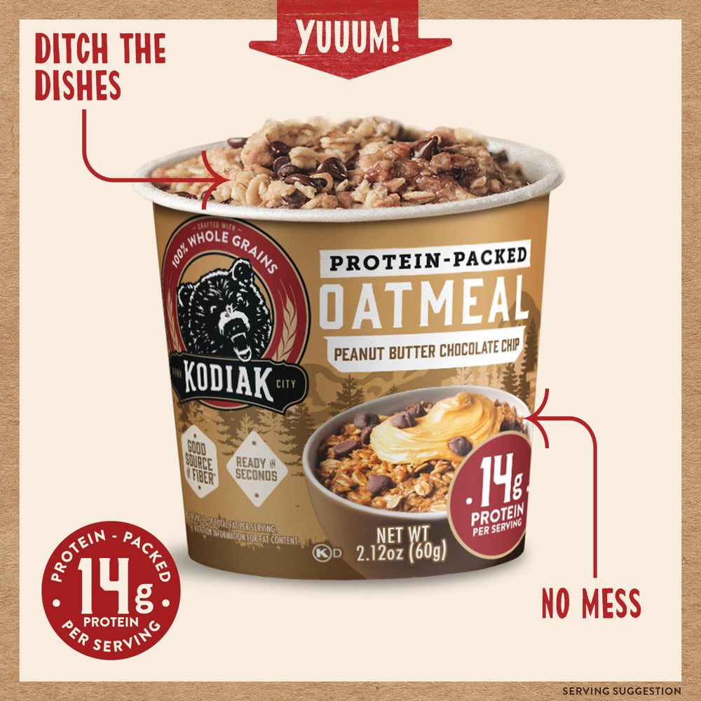 Stacked Kodiak Cakes cups illustrate a convenient multi-pack for on-the-go mornings.