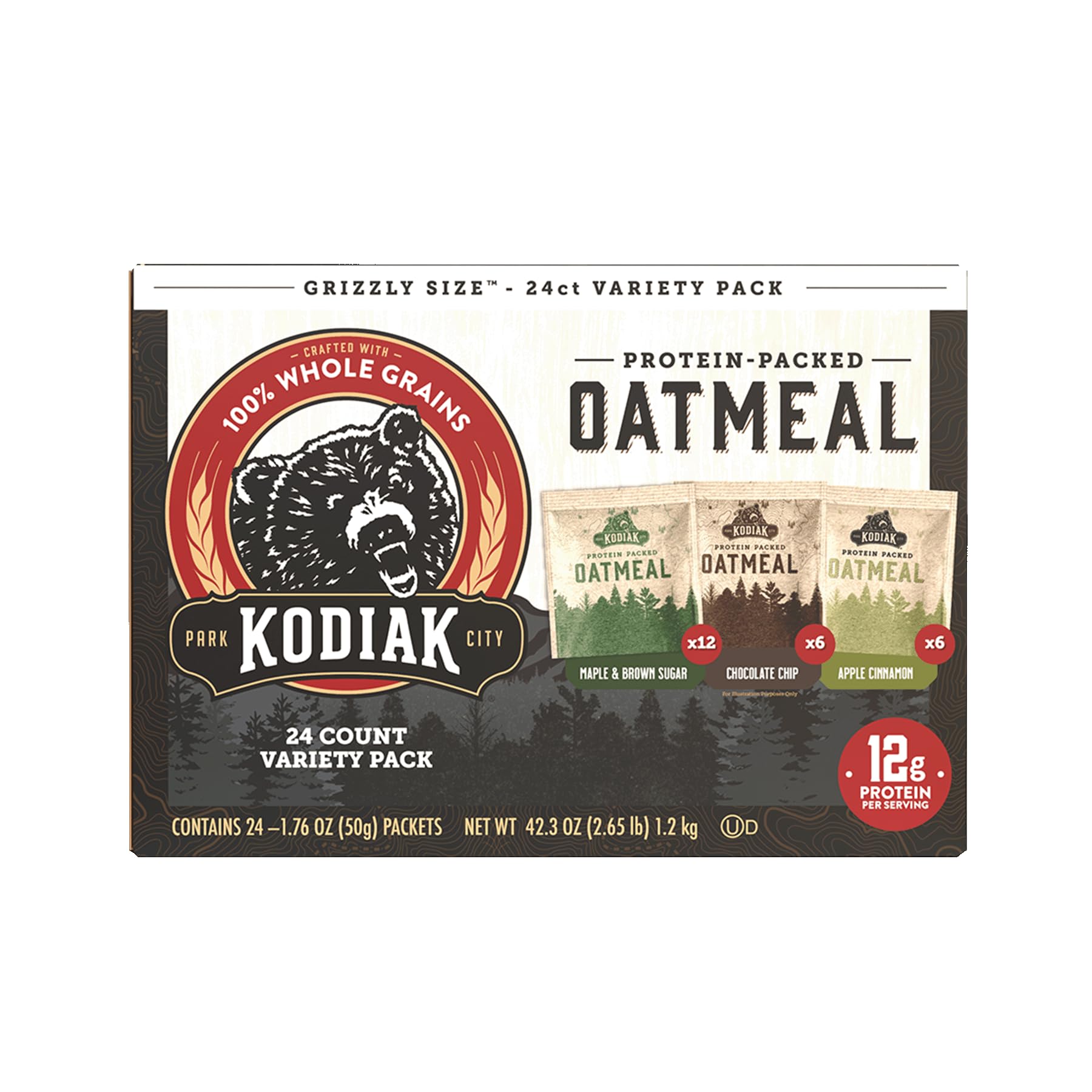 Kodiak Cakes instant oatmeal variety pack front view, ideal for quick, protein-rich breakfasts.