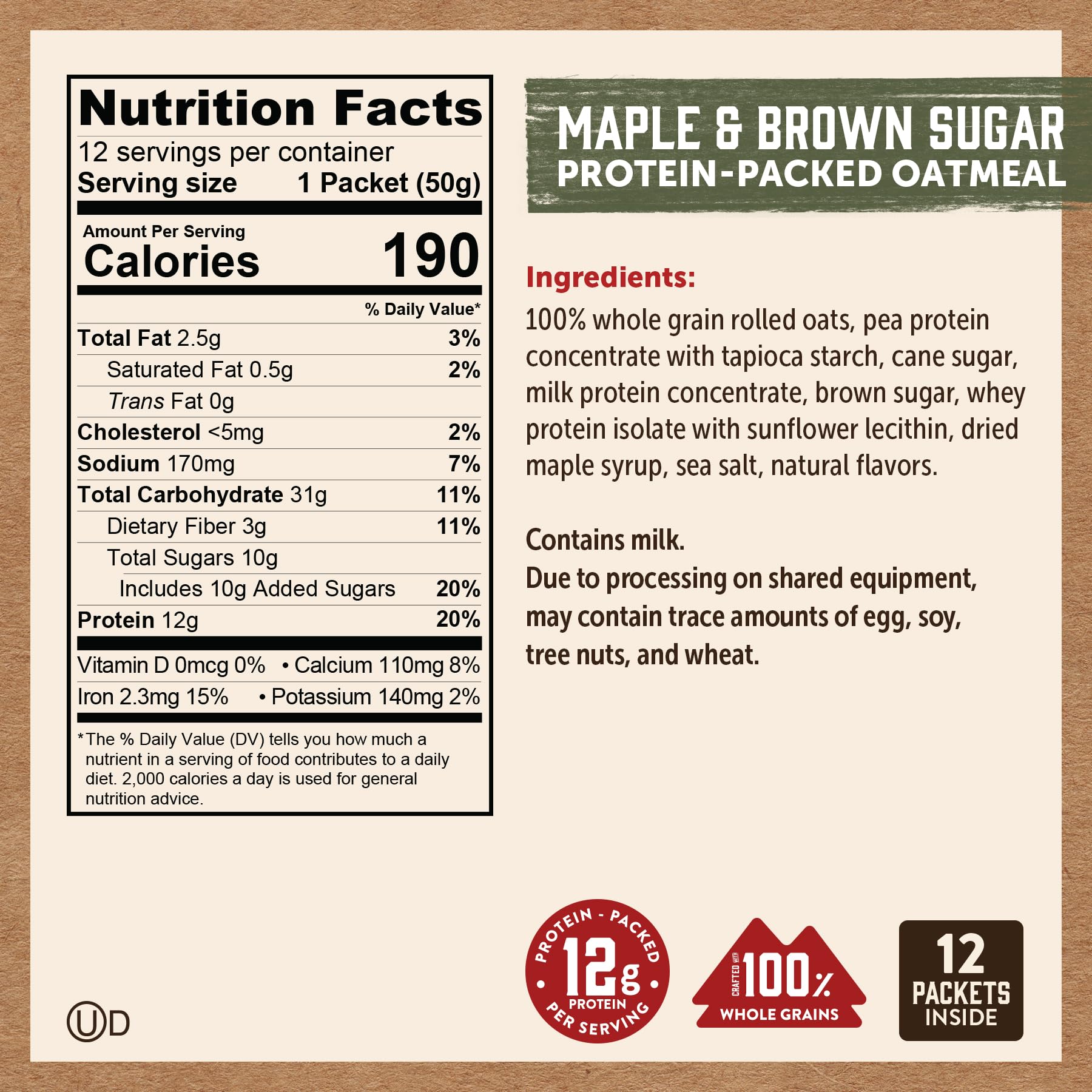 Kodiak Cakes maple and brown sugar packet close-up, quick flavor boost for busy mornings.