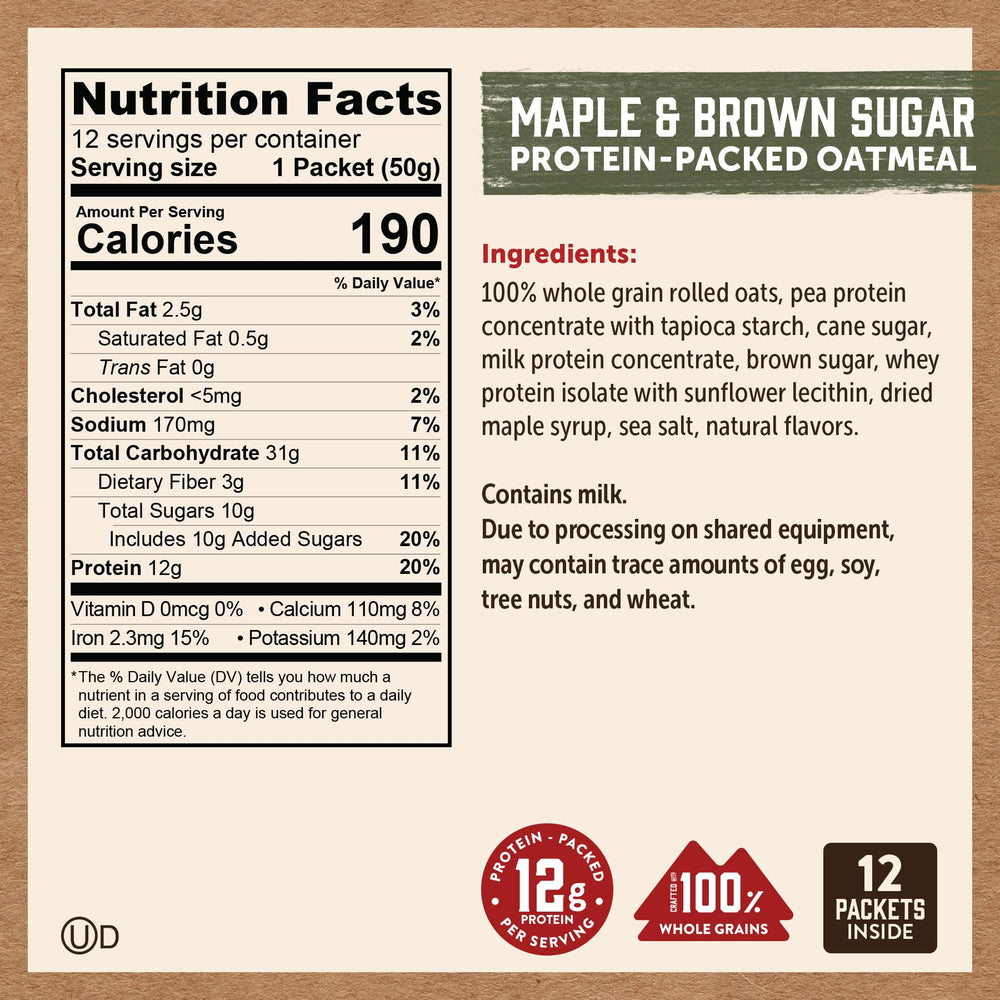 Kodiak Cakes maple and brown sugar packet close-up, quick flavor boost for busy mornings.