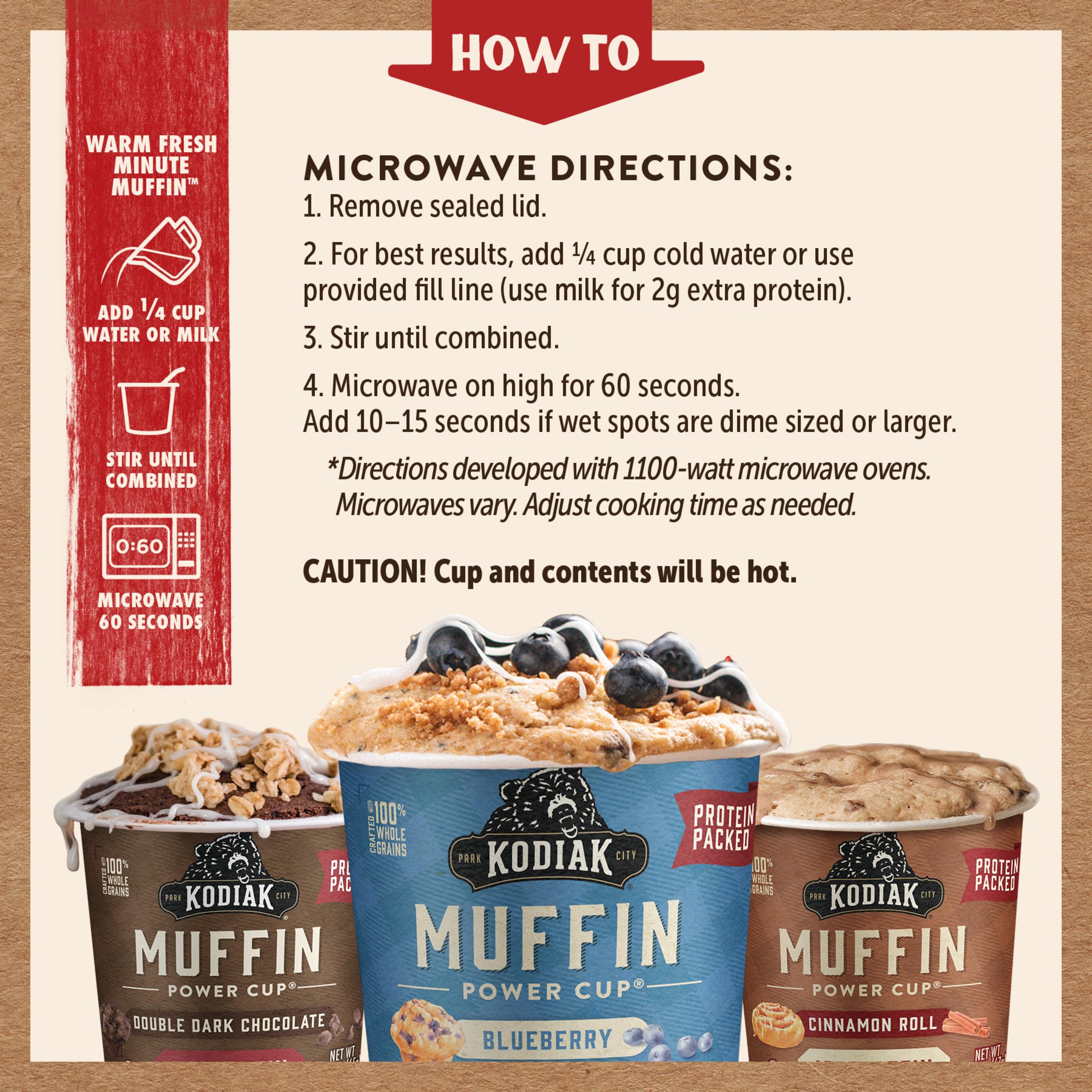 Kodiak Cakes Minute Muffin Cups Blueberry flavor with real fruit bits.