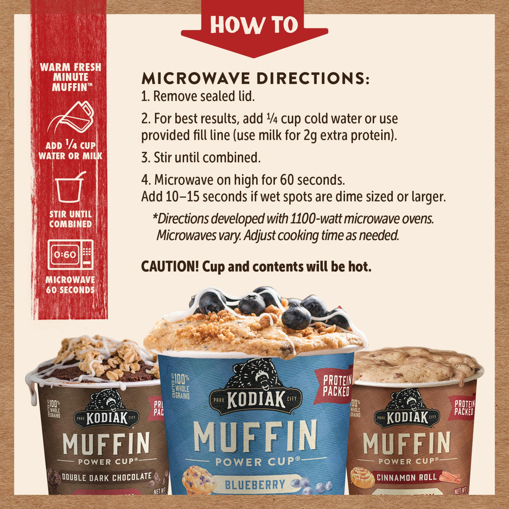 Kodiak Cakes Minute Muffin Cups Blueberry flavor with real fruit bits.